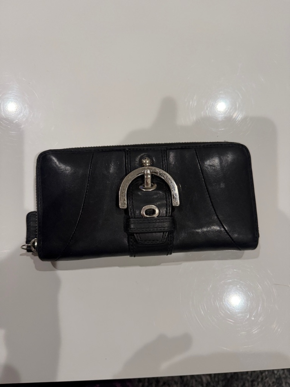 Coach Black Leather Zip Wallet with Silver Buckle